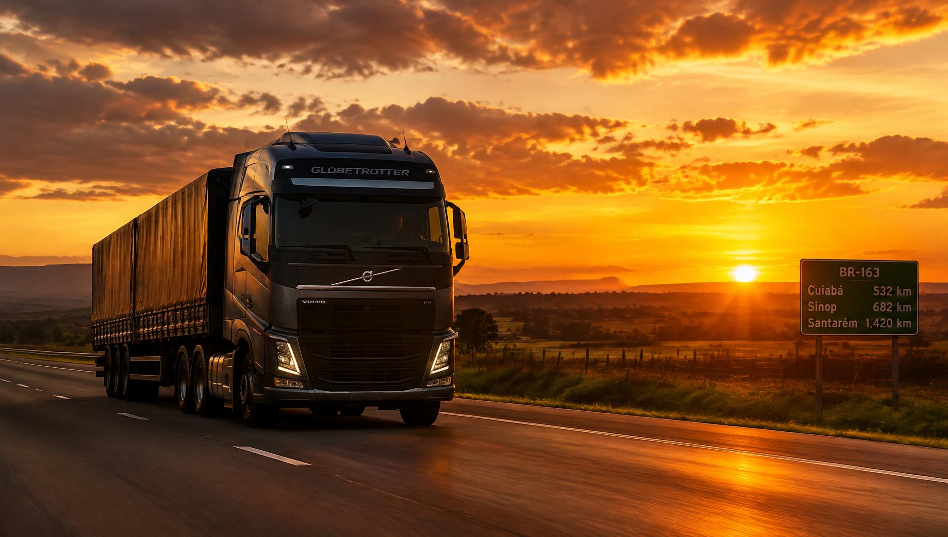 Carreta em rodovia ao entardecer